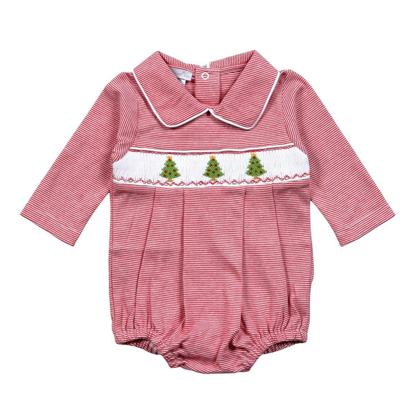 RED STRIPES HAND SMOCKED CHRISTMAS TREES PIMA BUBBLE ROUND COLAR