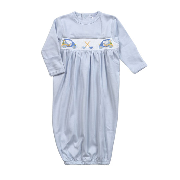 BLUE HAND SMOCKED GOLF CART BABY GOWN